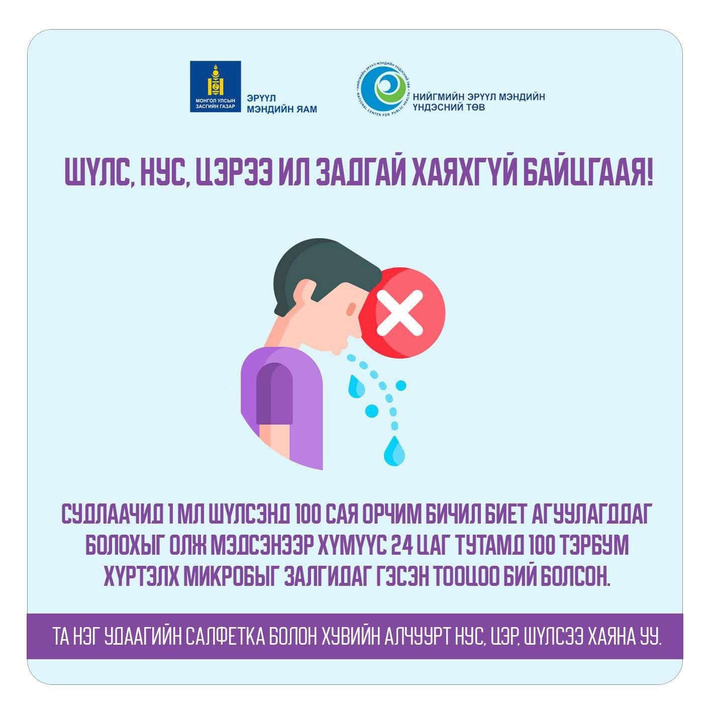 ✅Таны олон нийтийн газар хаясан шүлс, нус, цэр нь хэдэн мянган эрүүл хүнд халдвар тараах аюултай! Бусдыгаа хайрлаж, эрүүл ахуйн дэглэмээ сахицгаая!