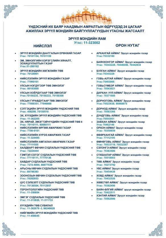 Баяр наадмын өдрүүдэд 24 цагаар ажиллах эрүүл мэндийн байгууллагуудтай холбоо барих утасны дугааруудыг та бүхэндээ хүргэж байна ‼️🏥☎️